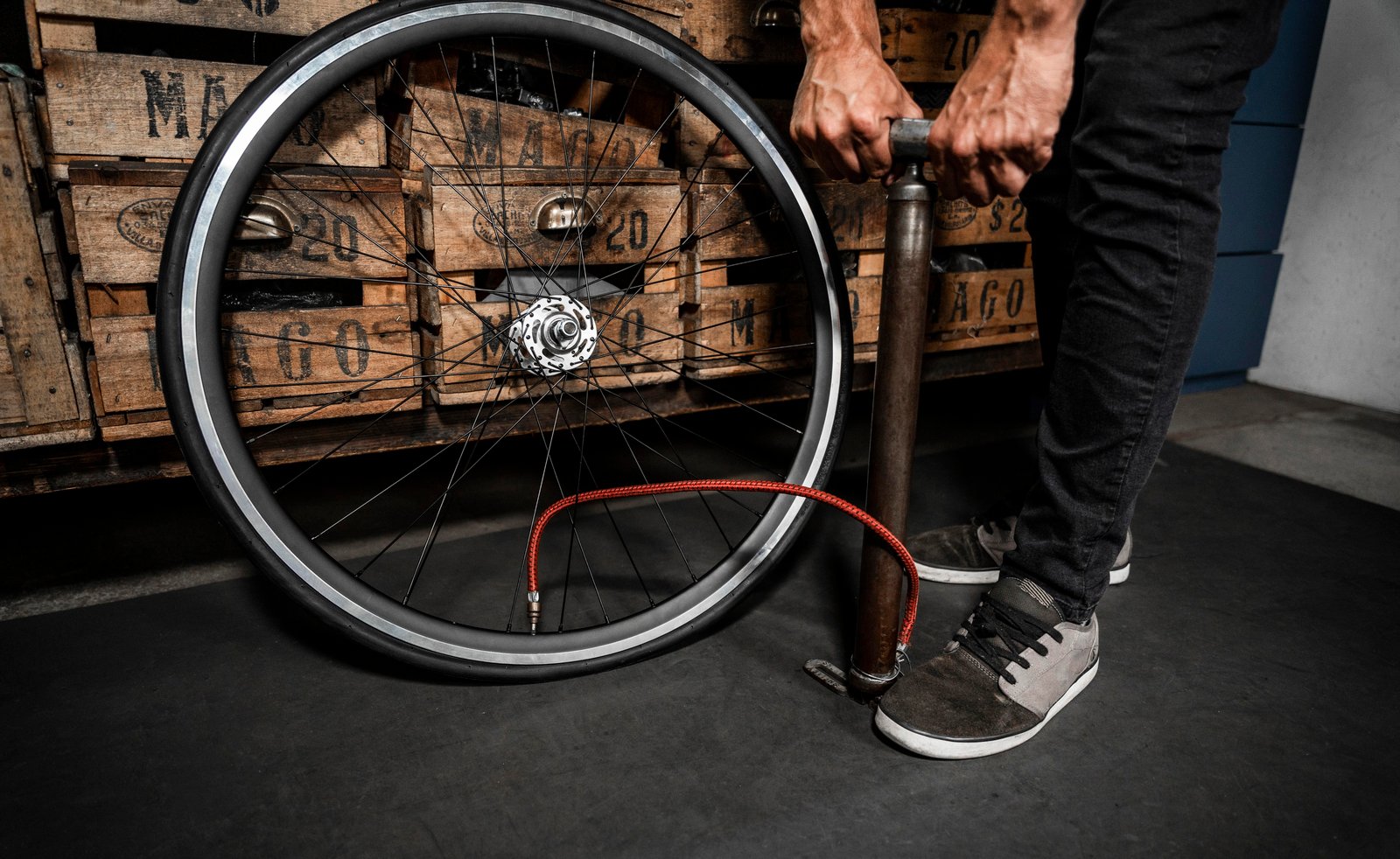 Close-up of a wheel being trued on a truing stand