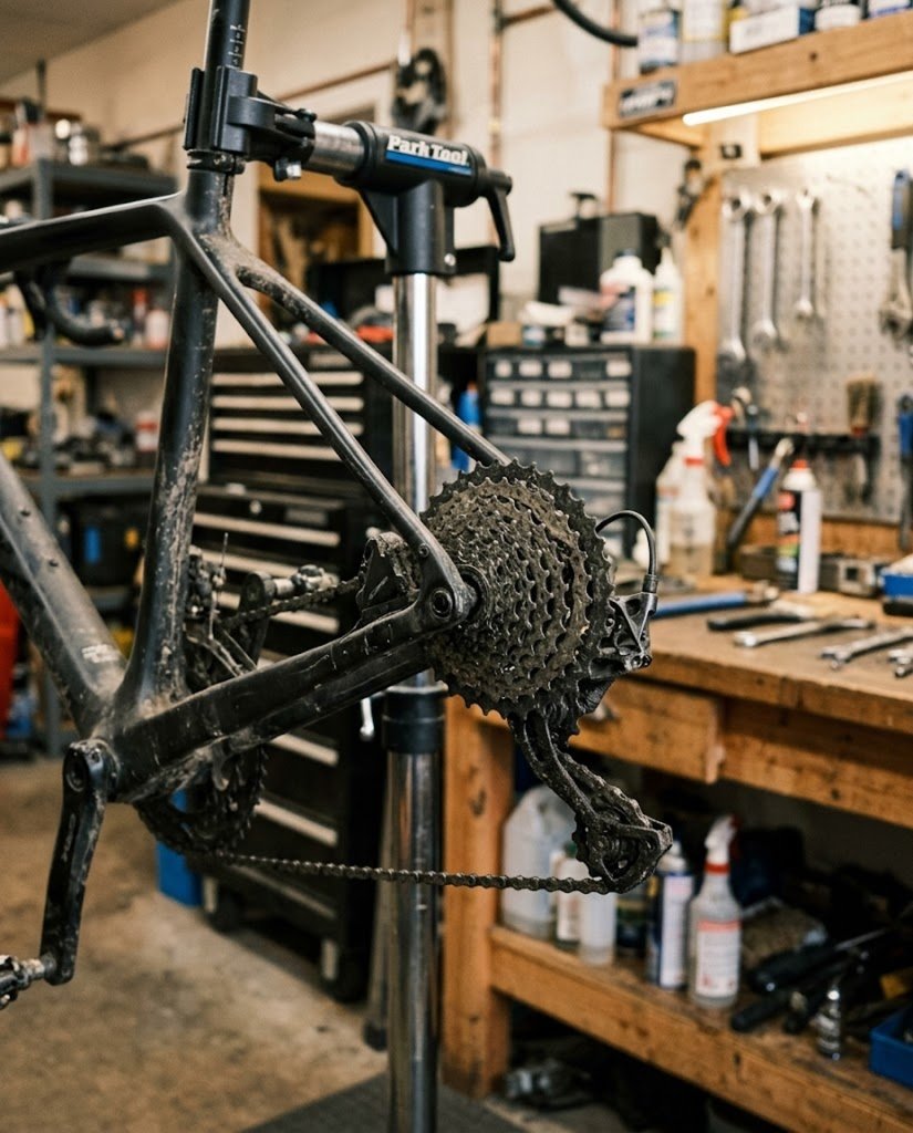 Dirty, grime-covered drivetrain before servicing