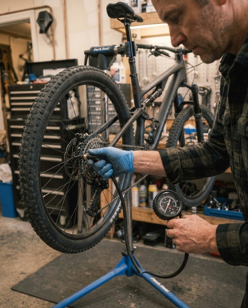 Checking bicycle tyre pressure with a pump gauge